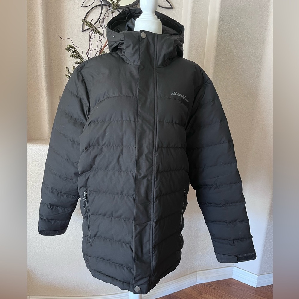 Eddie Bauer Womens Black Down Puffer Parka Hooded Long Jacket Coat Large Sz Lg